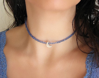 Glass Bead Choker Necklace, Silver Crescent Moon Pendant, Summer Blue Jewelry, Dainty Celestial Necklace, Handmade Gift