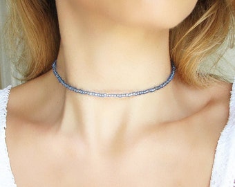 Perlen Choker, Blaue Halskette, Saatperlen Halskette, Choker Halskette