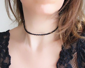 Seed Bead Necklace, Beaded Choker, Black Necklace