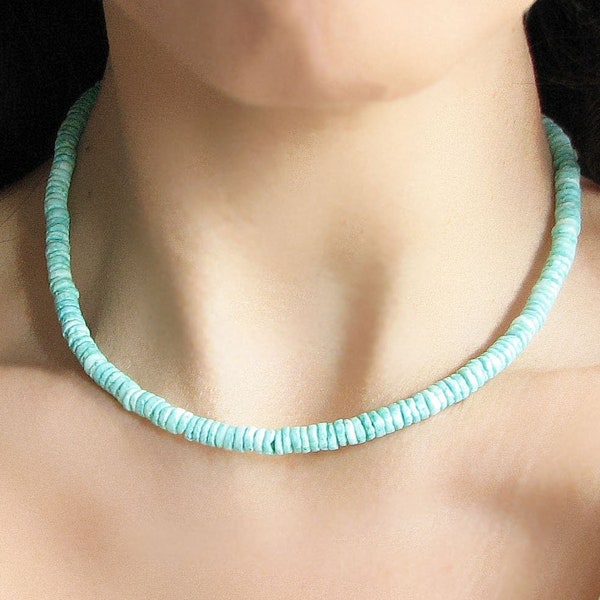 Puka Shell Necklace,  Surfer Jewelry, Beaded Necklace, Mint Green Summer Necklace