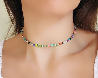 Rainbow Seed Bead Necklace, Glass Choker, Stainless Steel
