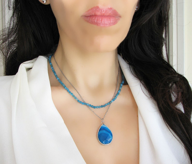 Collar colgante de ágata azul, collar de lágrima de piedra preciosa natural, collar azul imagen 4