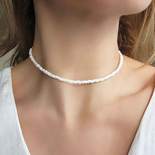 White Choker Necklace White Beaded Choker Dainty Necklace Etsy