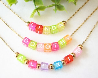 Name Beaded Necklace, Personalized Name Necklace, Colorful Letter Necklace, Kids Word Necklace