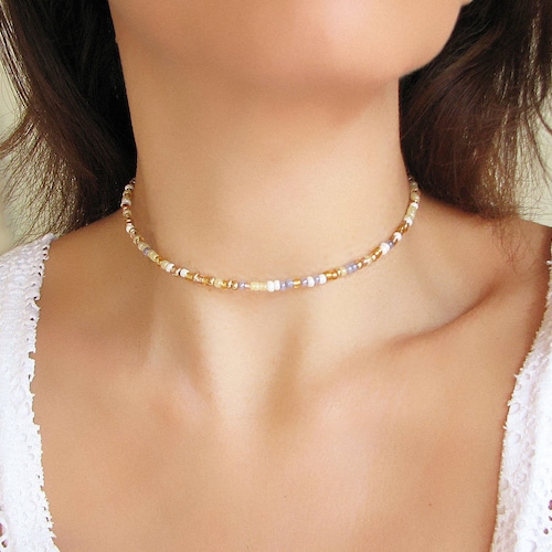 Gold Beaded Choker Gold Choker White 
