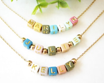 Name Beaded Necklace, Personalized Name Necklace, Colorful Letter Necklace, Square Bead Word Necklace
