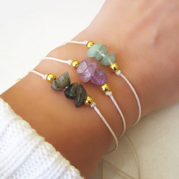 Gemstone Bracelet, Adjustable Cord Bracelet, Crystal Bracelet, Chip Bracelet