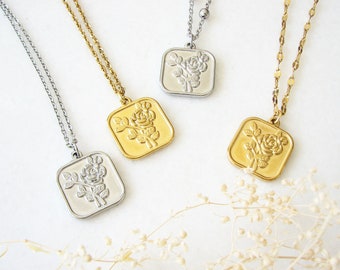 Vintage Style Gold Rose Necklace, Square Coin Pendant Necklace, Flower  Necklace