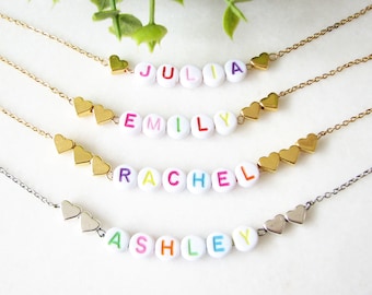 Name Beaded Necklace, Personalized Name Necklace, Colorful Letter Necklace, Heart Necklace