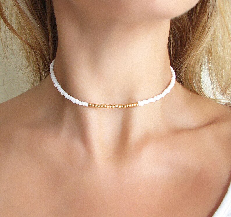 White Beaded Choker Necklace White Choker Gold Choker Glass Etsy