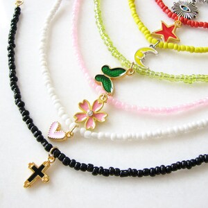 Enamel Charm Choker, Beaded Necklace, Seed Bead Jewelry, Enamel Necklace