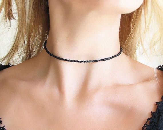 Black Beaded Choker Necklace Seed Bead Necklace Black Necklace