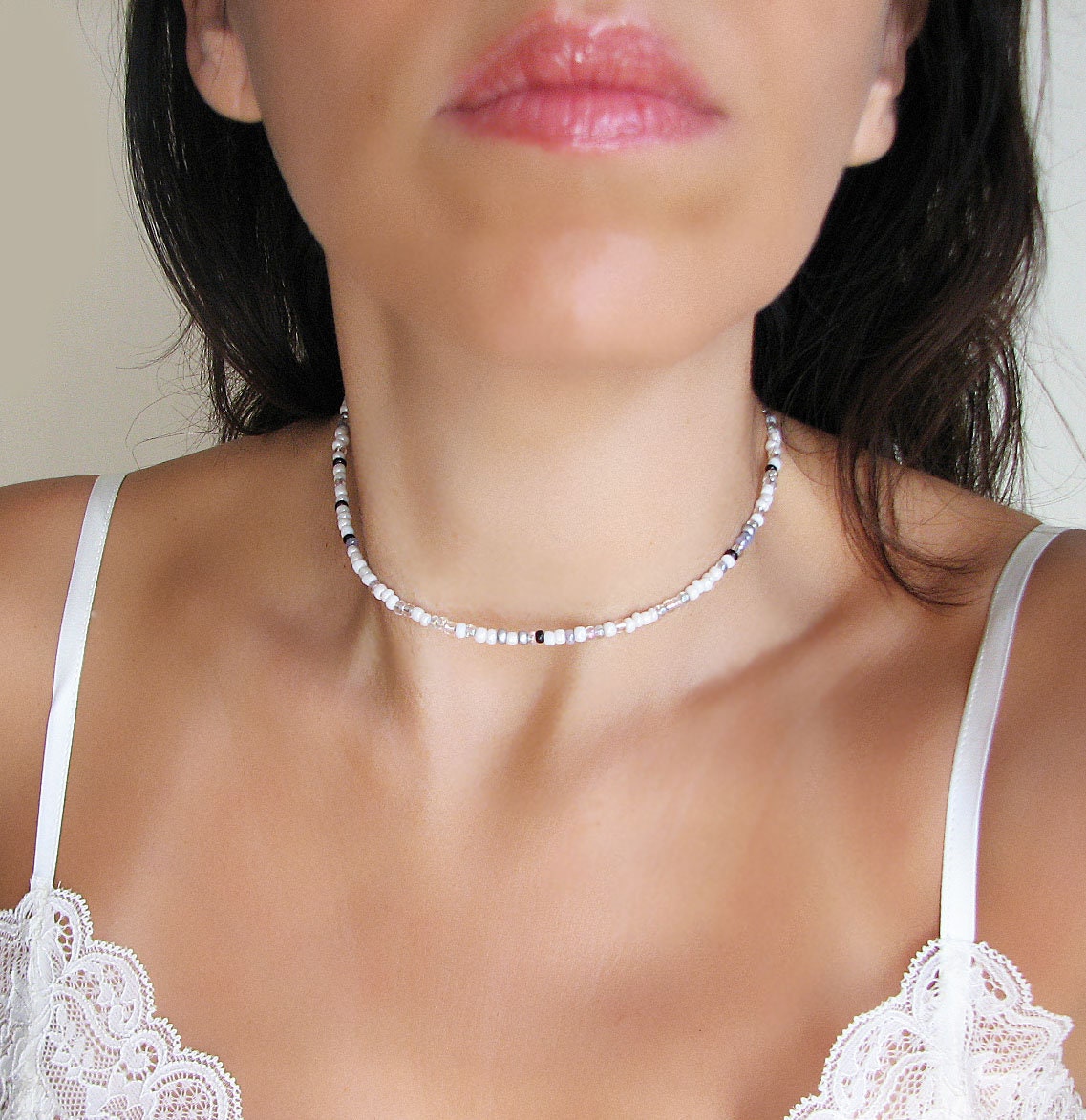 Silver Beaded Choker Necklace White Choker Beaded Necklace Etsy