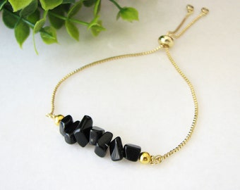 Black Onyx Bracelet, Adjustable Chain Bracelet, Gemstone Jewelry