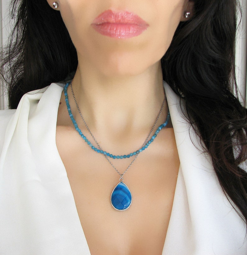 Collar colgante de ágata azul, collar de lágrima de piedra preciosa natural, collar azul imagen 3