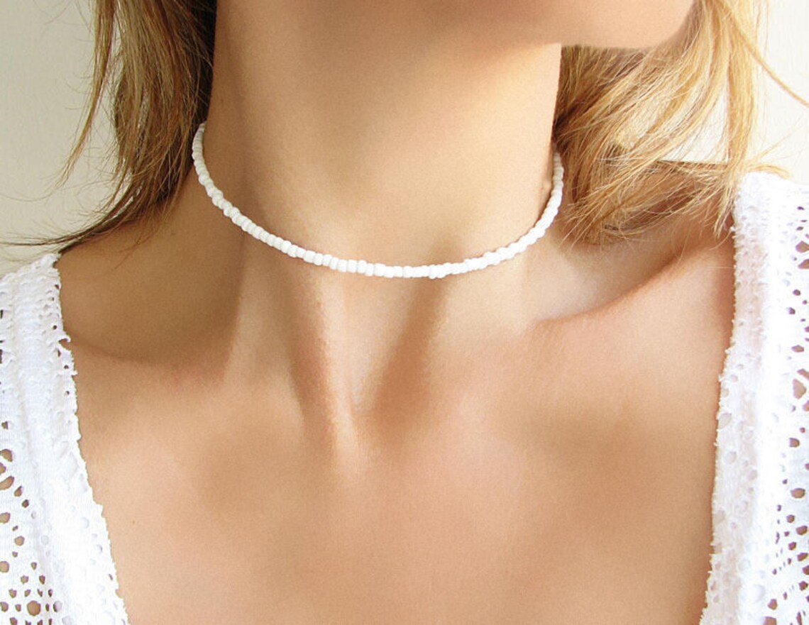 White Choker Necklace White Beaded Choker Dainty Necklace Etsy