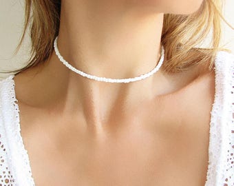 White Choker Necklace White Beaded Choker Dainty Necklace Glass Choker