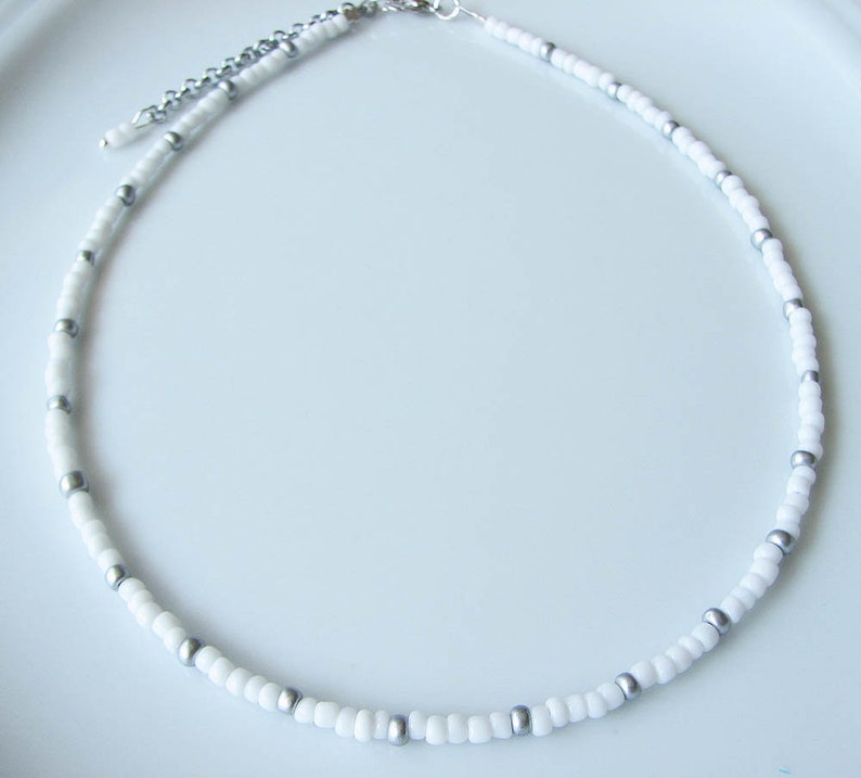 White Beaded Choker Necklace, Silver Seed Bead Jewelry, Stainless Steel Dainty Summer Necklace image 3