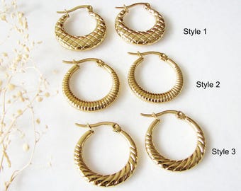 Gold Hoop Earrings, 18K Gold Filled Huggies, Medium Hoops, Stainless Steel Waterproof