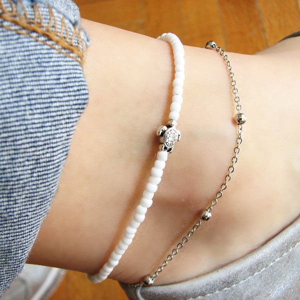 White Anklet Bracelet, Turtle Jewelry, Beaded Anklet for Women, Beach Anklet
