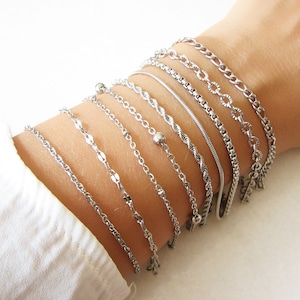 Bracelet chaîne en acier inoxydable argenté, bracelet délicat en argent, bracelet réglable
