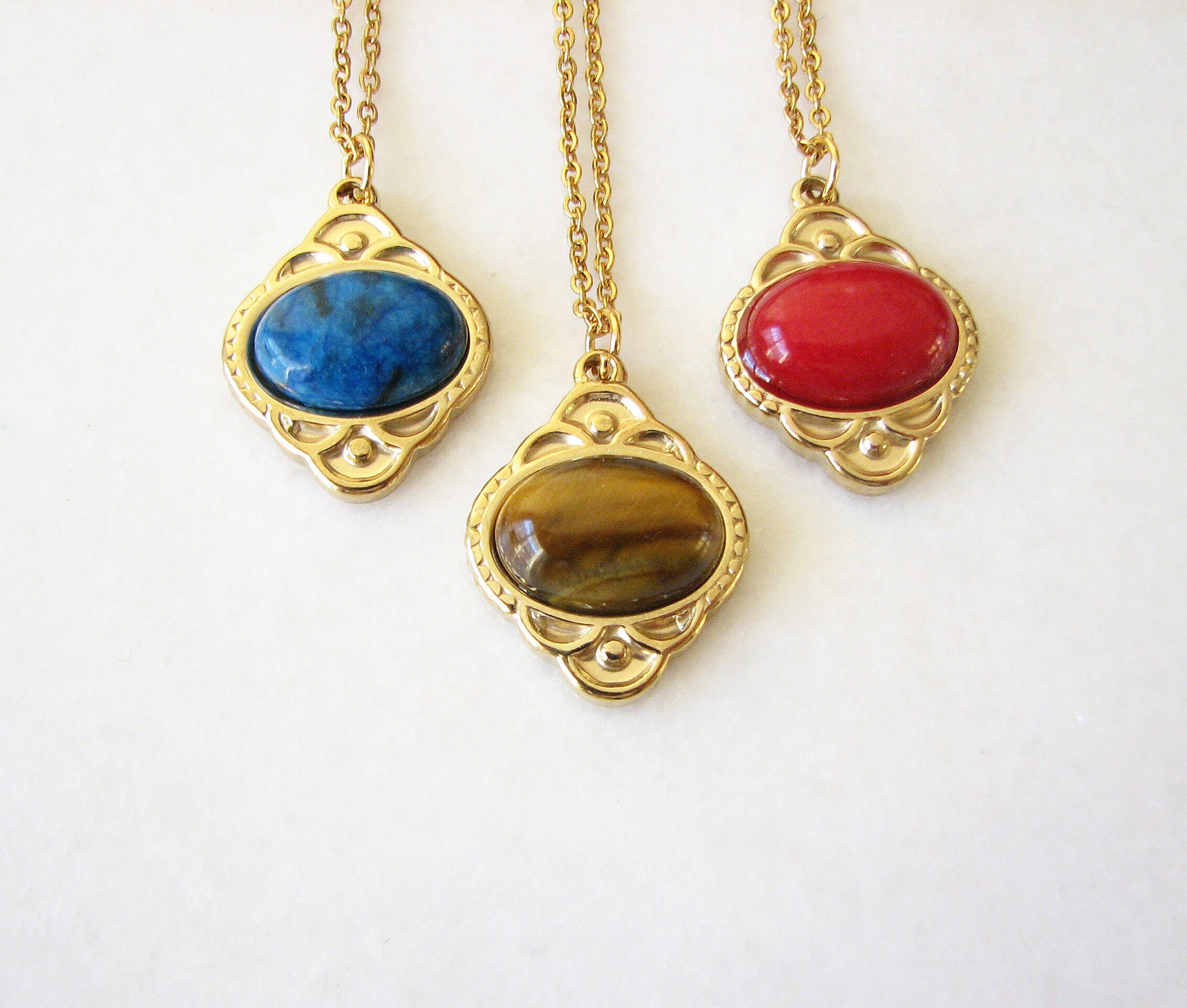 Tigers Eye Gemstone Necklace, Crystal Jewelry, Pendant Necklace, Blue Agate, Red Jade