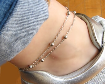 Anklet Bracelet, Anklets for Women, Silver Beaded Anklet