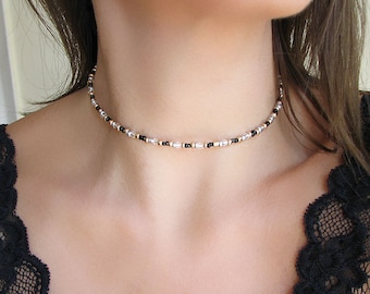 Beaded Choker Necklace, Black Choker, Dainty Necklace, Seed Bead Jewelry