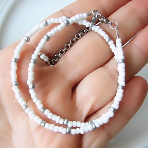White Beaded Choker Necklace, Silver Seed Bead Jewelry, Stainless Steel Dainty Summer Necklace image 4