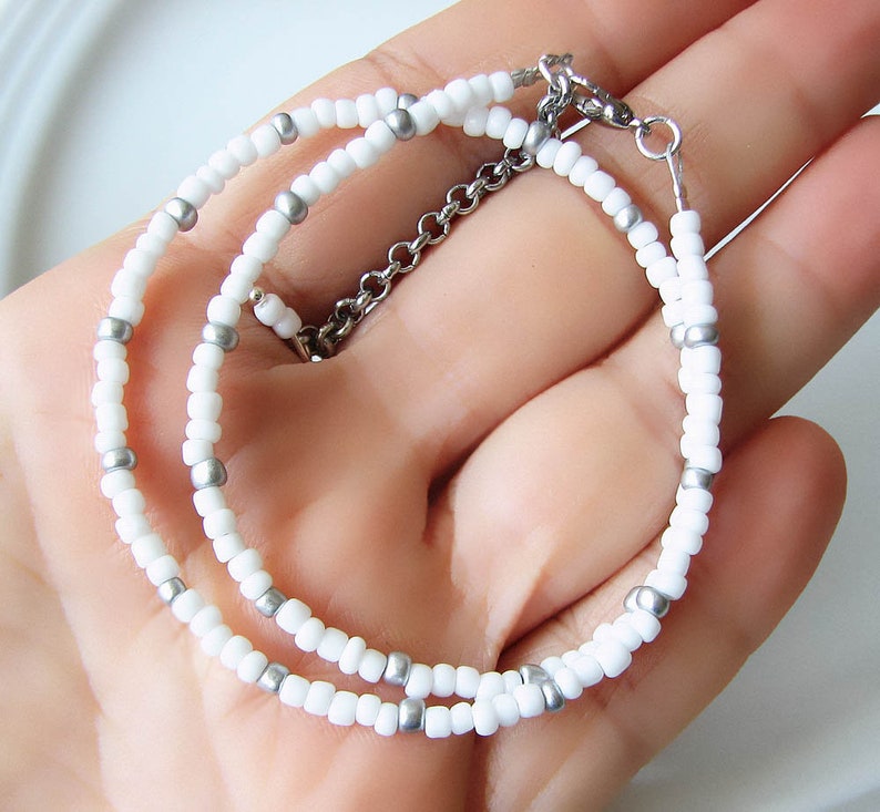 White Beaded Choker Necklace, Silver Seed Bead Jewelry, Stainless Steel Dainty Summer Necklace image 4