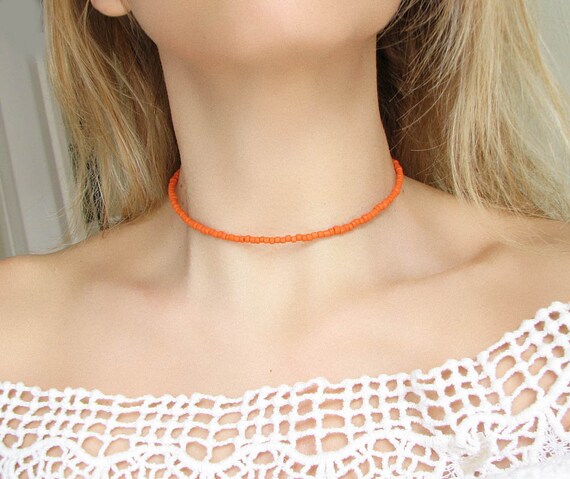 Orange Beaded Seed Bead Choker Necklace