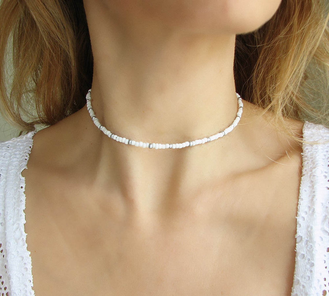 White Beaded Choker White Choker Silver Choker Necklace Etsy