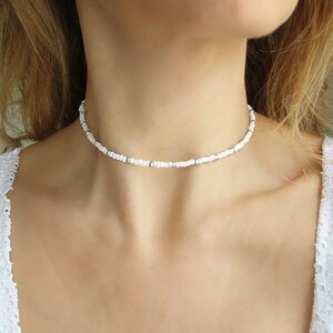 White Beaded Choker Necklace, Silver Seed Bead Jewelry, Stainless Steel Dainty Summer Necklace image 2