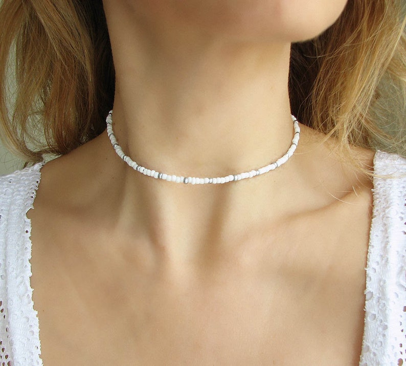 White Beaded Choker Necklace, Silver Seed Bead Jewelry, Stainless Steel Dainty Summer Necklace image 2