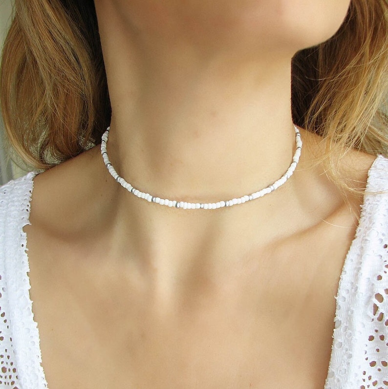 White Beaded Choker Necklace, Silver Seed Bead Jewelry, Stainless Steel Dainty Summer Necklace image 1
