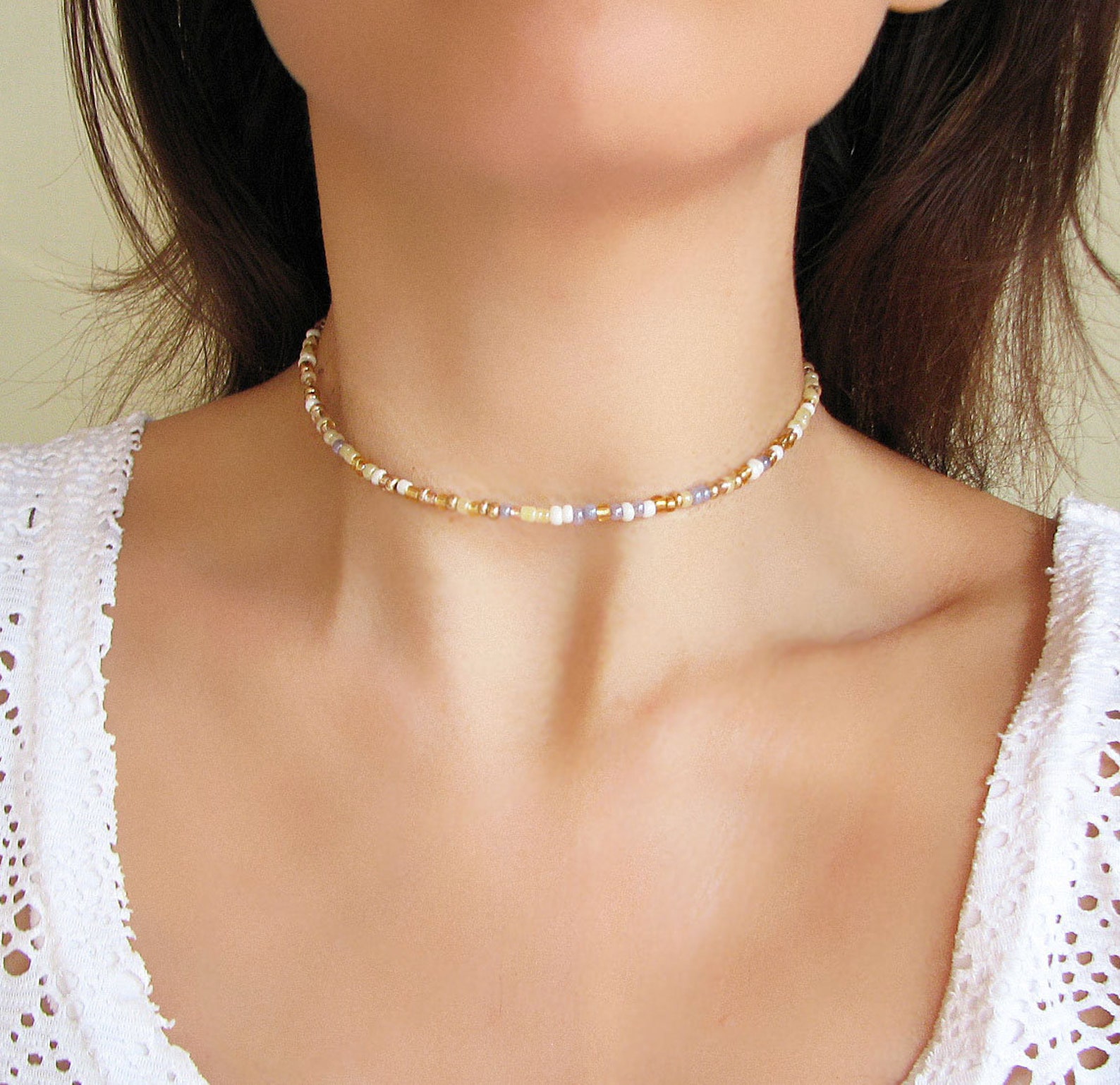 Gold Beaded Choker Gold Choker White Seed Bead Choker Necklace Etsy