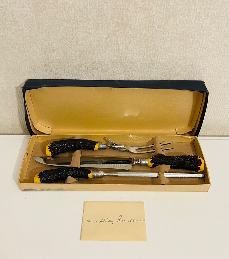 Antique Royal Brand Cutlery Company 3 Piece Faux Stag Horn Carving Set