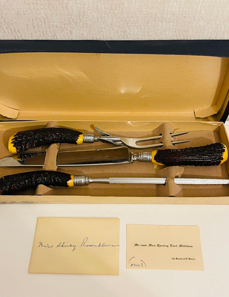 Antique Royal Brand Cutlery Company 3 Piece Faux Stag Horn Carving Set