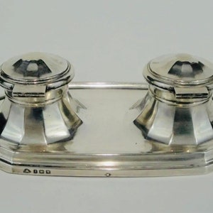 Tintero de plata Art Deco antiguo de Adie Brothers Carta de fecha 1936-37