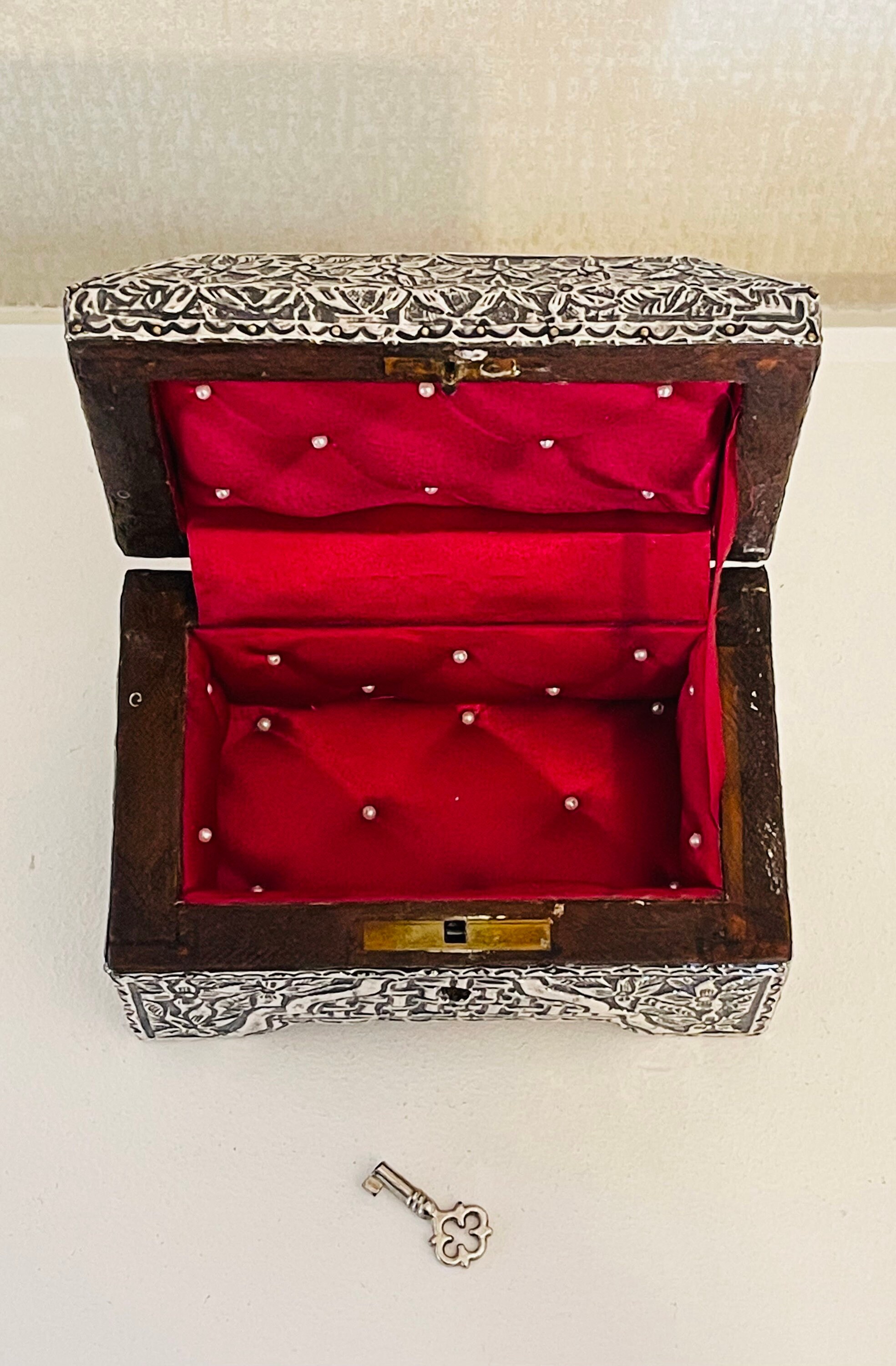 Antique Tunisian Silver on Wood Handmade Chased Jewelry Box