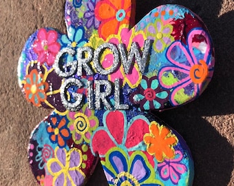 Grow Girl, Affirmation, Rainbow Magnet, Flower Magnet, Fridge Magnet, Abstract Art, Handmade Gift, Colorful Art, Small Gift