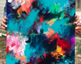 May include: Abstract painting on canvas with bold strokes of blue, black, red, pink, and white paint.