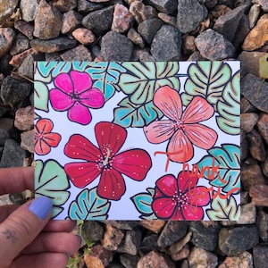 Tropische Postkarte, Hibiskus Karte, Monstera Karte, Dankeschön Karte, Blanko Karte, Blumen Karte, Postkarte für Freund, Bunte Postkarte