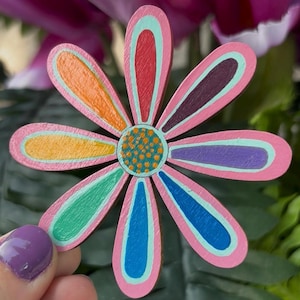 Flower Magnet, Wood Magnet, Handpainted Magnet, Colorful Decor, Wooden Flowers, Small Gift, Flower Gift, White Board Magnets, Fridge Magnet