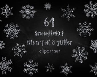 Silver snowflakes clipart, Christmas clipart, Winter clipart, Silver foil snowflakes, Silver glitter snowflakes, Sparky snowflakes