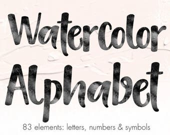 Buy 3 pay for 2, Watercolor alphabet clipart, Black Watercolor letters numbers, Black font clipart, Black Letters clipart, Black typography