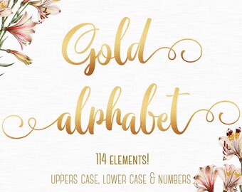 Gold font, Gold alphabet clipart, Gold foil alphabet, Gold letters clipart, Gold numbers, Gold typography clipart, Gold lettering, Metallic