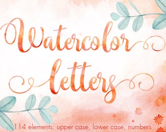 Watercolor font clipart, Orange watercolor alphabet clipart, Peach watercolor letters clipart, Decorative letters, Spring alphabet clipart