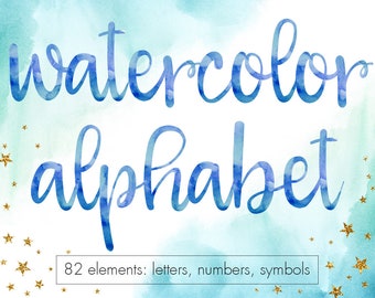 Blue watercolor font, Watercolor alphabet clipart, Watercolor letters, Numbers, Navy blue font clipart, Blue letters clipart, Typography