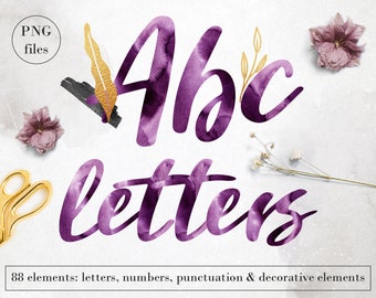 Purple watercolor letters clipart, Watercolor alphabet, Watercolor font clip art, Watercolor numbers, Gold splashes, Gold foil elements